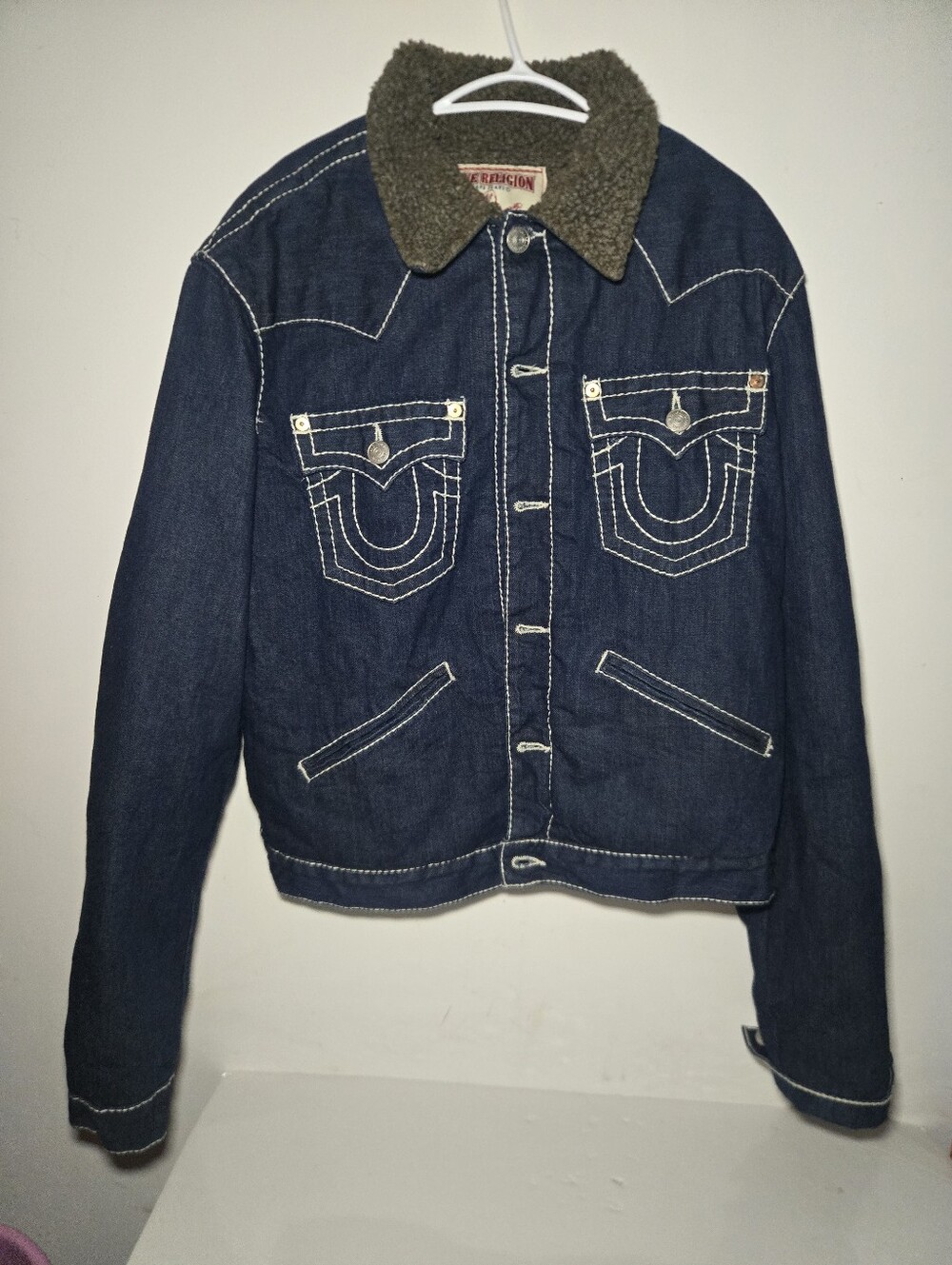 Y2k Big T True Religion Jimmy Dark Blue Denim Jacket with Brown Sherpa Collar